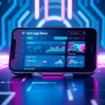 Tech App News highlighted on a sleek smartphone screen with vibrant neon visuals and digital themes